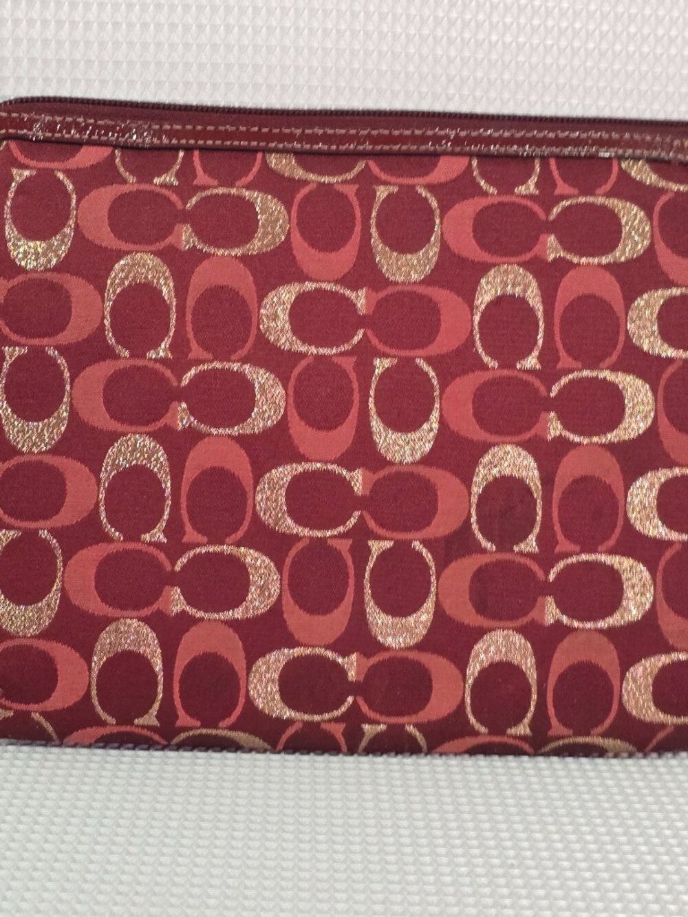 Coach Signature Tablet Sleeve Burgundy Metallic Jacquard Zip Pouch
